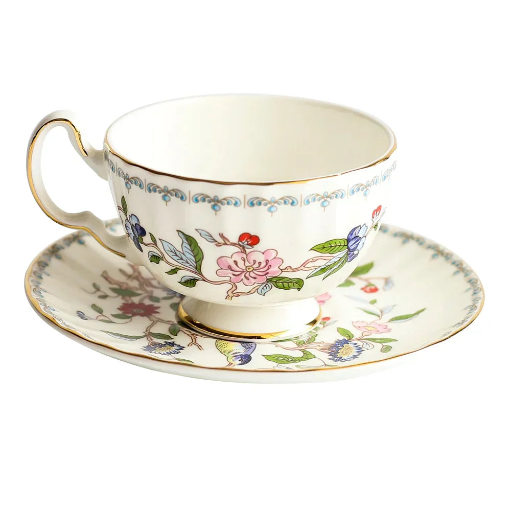 DecorBites™ Bone China Tea Cup Set, Flowers Teacup & Snack Dish for Office Drinkware