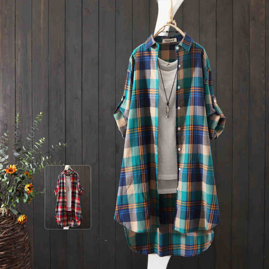100% Cotton Plaid Shirt Long Sleeve Button Up Casua Loose Blouse Plus Size