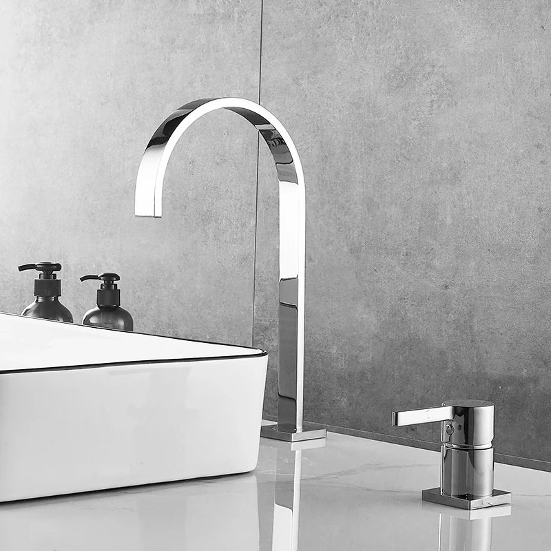 DecorBites™ Brushed Gold Basin Faucet: 360 Rotating Two Hole Widespread Bathroom Sink Tap