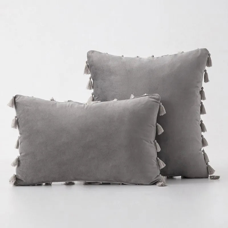 DecorBites™ Black Velvet Tassel Fringe Throw Pillow Cover for Bed Sofa Couch