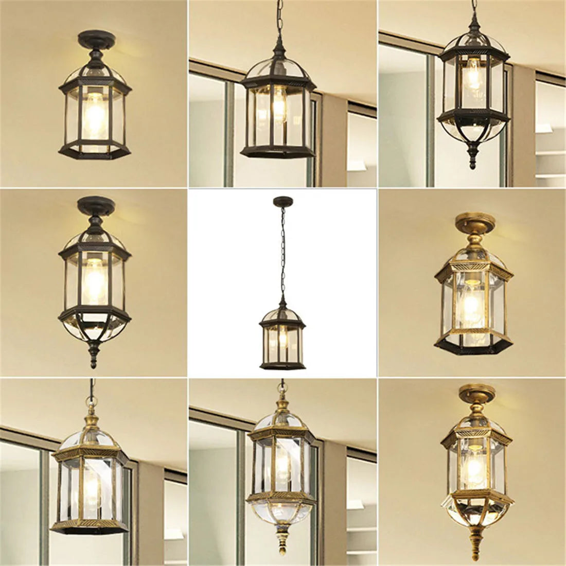DecorBites™ Black Rustic Outdoor Hanging Lantern Light with Clear Glass Flush Mount Fixture