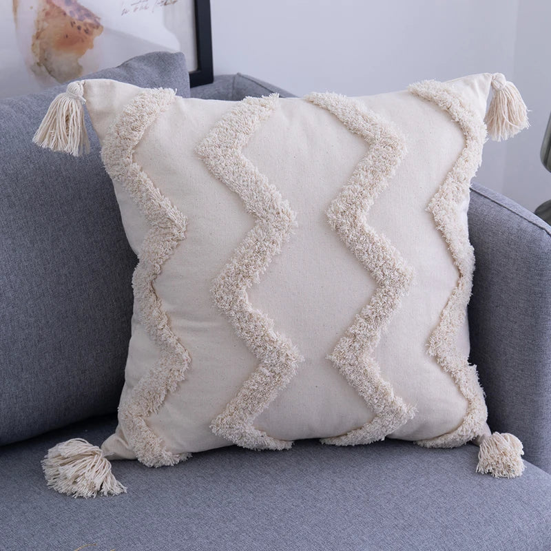 DecorBites™ Beige Tassels Cushion Cover, Handmade Square Home Decoration for Living Room