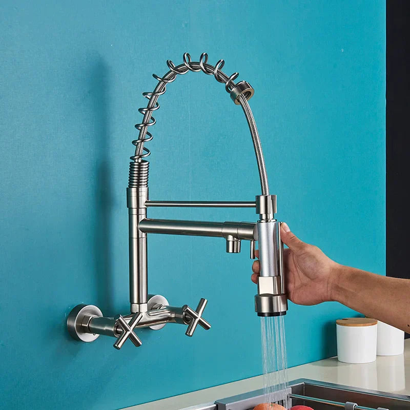 DecorBites™ Black Kitchen Faucet Wall Mounted Dual Swivel Spouts Vessel Sink Mixer Tap