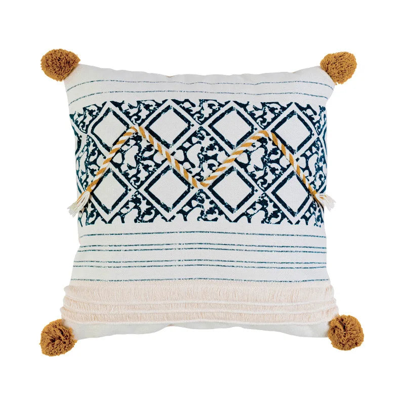 DecorBites™ Boho Style Cotton Woven Pillow Cover with Tassels & Pompom - 45x45cm