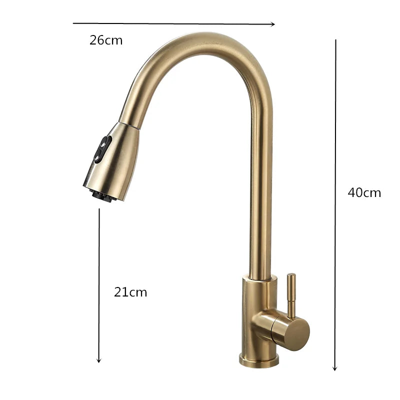 DecorBites™ Brushed Gold Kitchen Faucet Single Handle Pull Out Swivel Mixer Tap