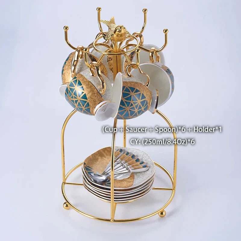 DecorBites™ Luxe Gold Inlay Bone China Coffee Set: Teapot, Cup, Sugar Bowl, Creamer, Mug