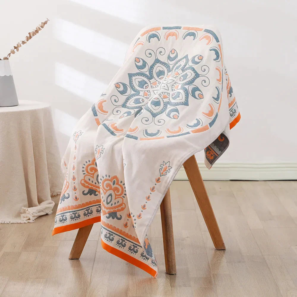 DecorBites™ Bohemian Floral Cotton Gauze Bath Towel 70*140 - Soft & High Quality for Women, Children, and Adults