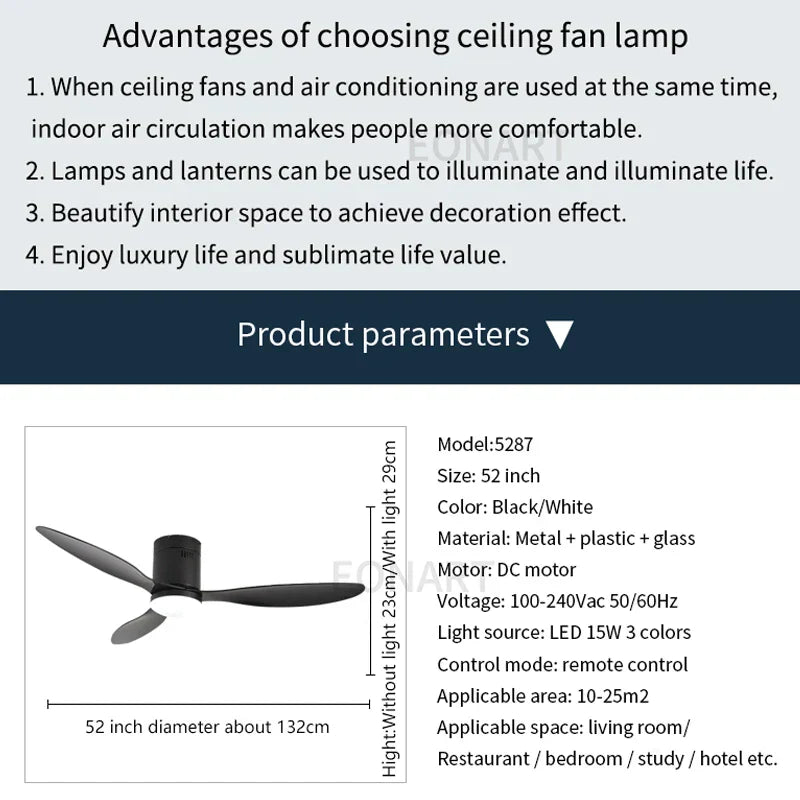DecorBites™ 52" Black DC Ceiling Fan, Remote Control, No Light