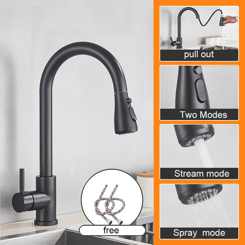 DecorBites™ Black Pull Out Kitchen Sink Faucet - Deck Mounted Stream Sprayer Kitchen Mixer Tap