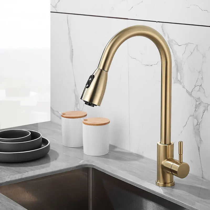 DecorBites™ Brushed Gold Kitchen Faucet Single Handle Pull Out Swivel Mixer Tap