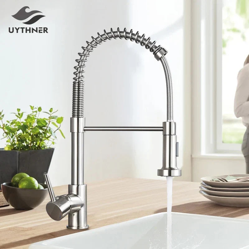 DecorBites™ Brushed Nickel Pull Down Kitchen Faucet - 360° Rotation Hot Cold Water Mixer