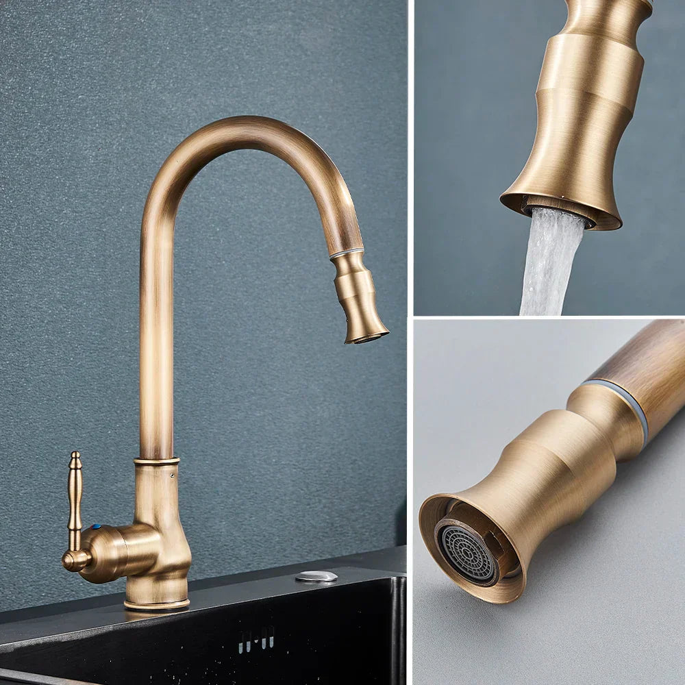 DecorBites™ Antique Brass Kitchen Faucet with Pull Down Spout and Single Handle