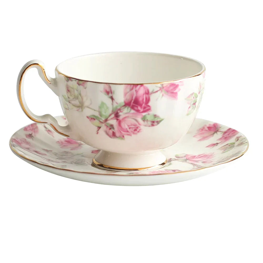 DecorBites™ Bone China Tea Cup Set, Flowers Teacup & Snack Dish for Office Drinkware