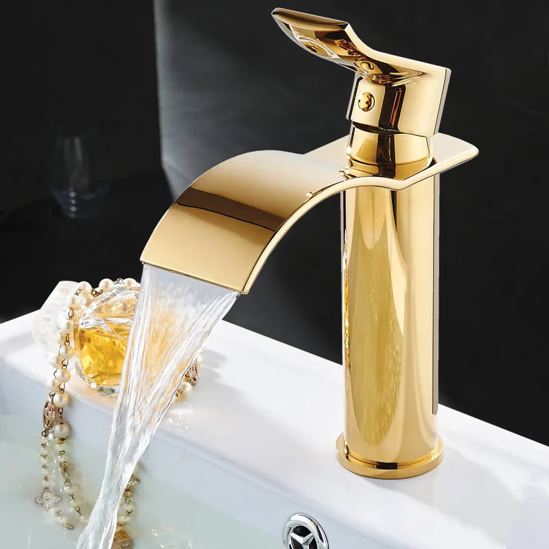 DecorBites™ Gold and White Waterfall Bathroom Basin Faucet Mixer Tap Hot Cold Sink