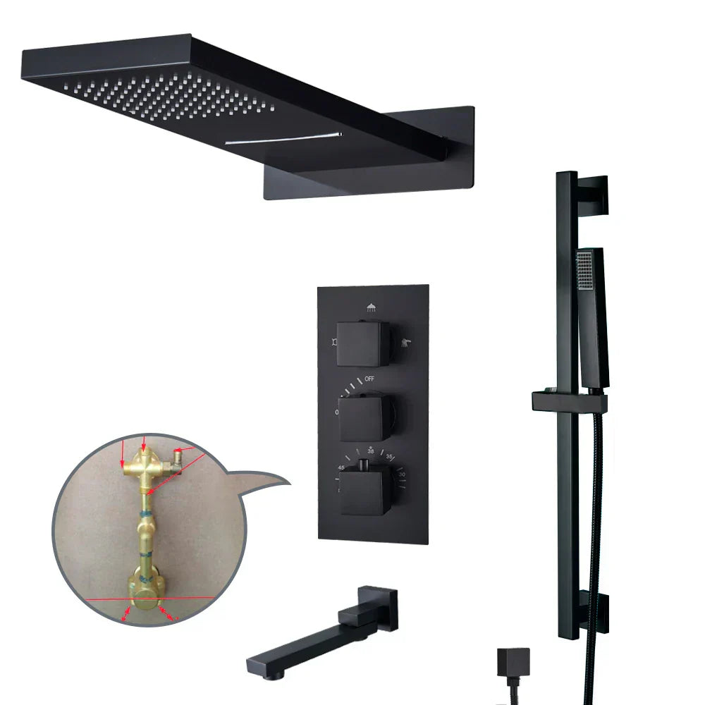 DecorBites™ Black Thermostatic Waterfall Rainfall Shower Faucet with Handshower
