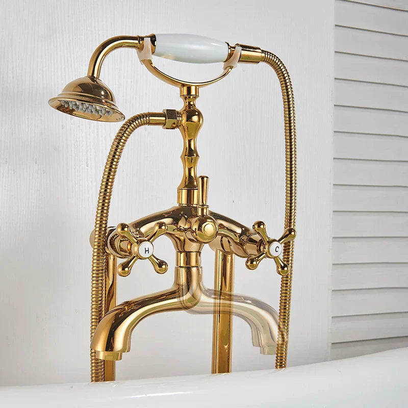 DecorBites™ Dual Handle Clawfoot Bathtub Shower Faucet, Golden Polished Free Standing Mixer