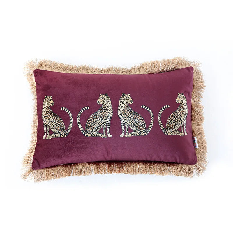 DecorBites™ Leopard Cheetah Print Fringed Cushion Cover in Dark Green, Burgundy, Black