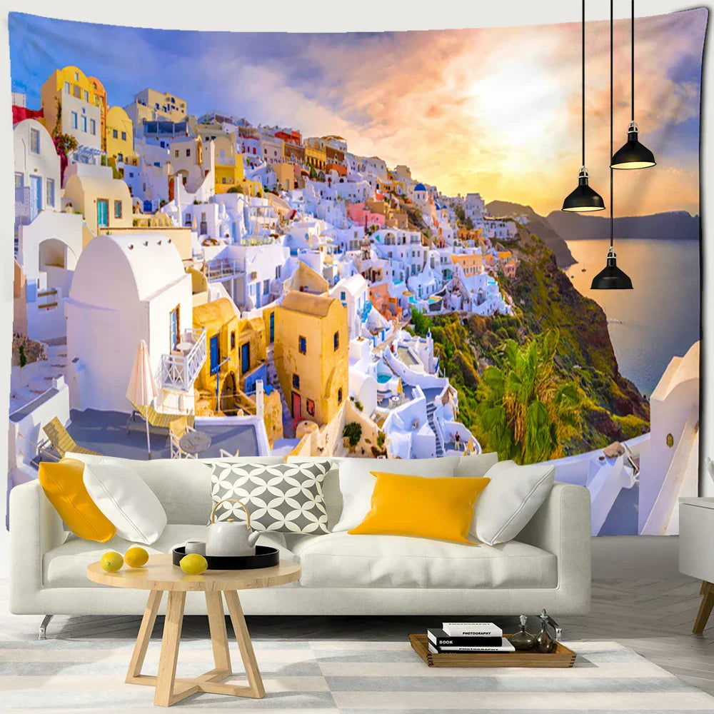 DecorBites™ Castle Village Sunset Tapestry Wall Hanging - Fantasy City Landscape Wall Art