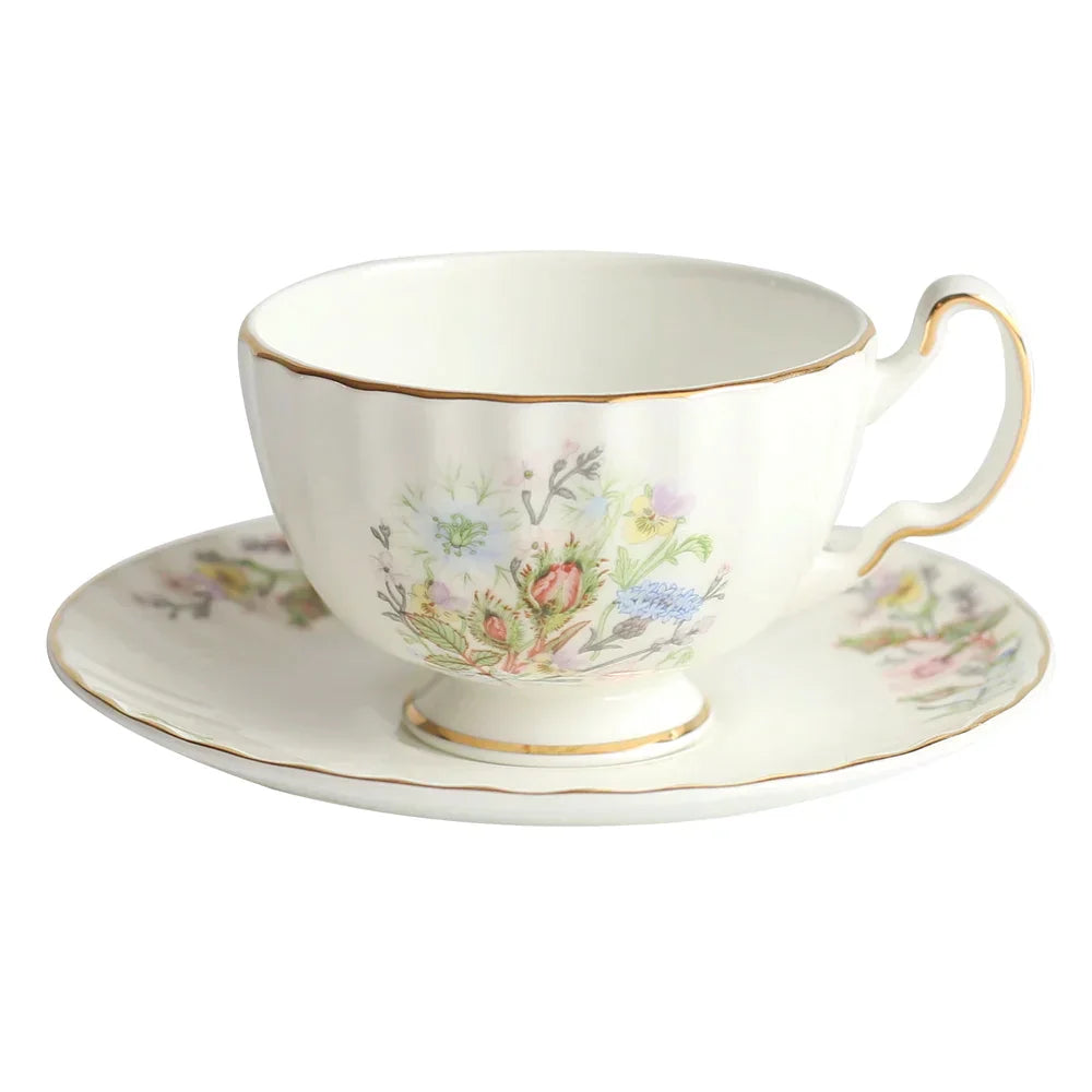 DecorBites™ Bone China Tea Cup Set, Flowers Teacup & Snack Dish for Office Drinkware