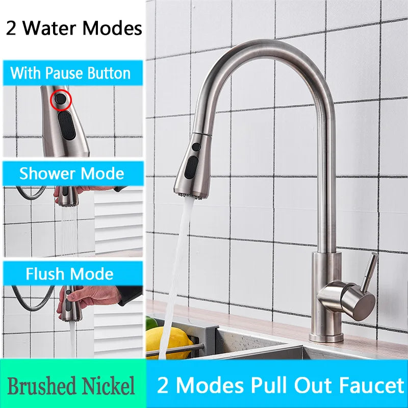 DecorBites™ Brushed Nickel Pull Out Kitchen Faucet with Flexible Stream Sprayer Head