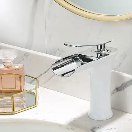 DecorBites™ Gold Waterfall Bathroom Basin Faucet, White Mixer Tap Hot Cold Sink Plugin