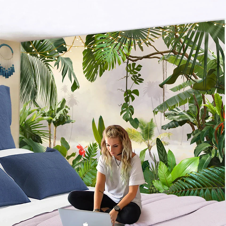 DecorBites™ Botanical Palm Leaf Green Tapestry | Tropical Rainforest Plant Wall Hanging