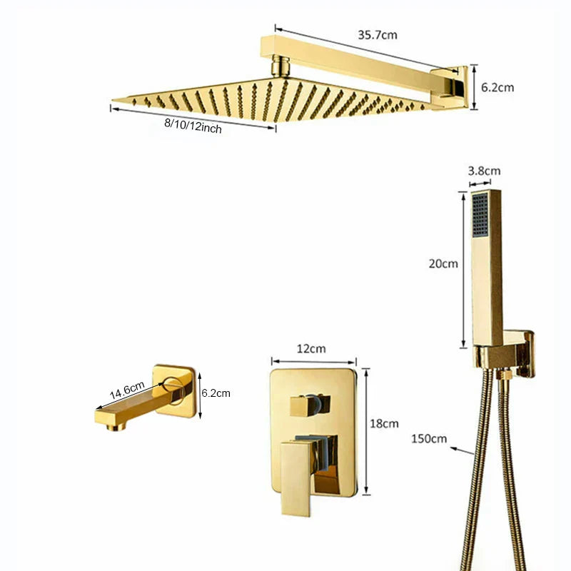 DecorBites™ Golden Bathroom Shower Set with Square Rainfall Head and Concealed Mixer Taps