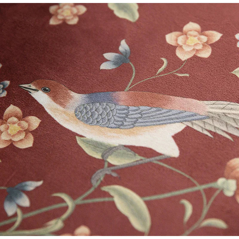 DecorBites™ Chinese Peony Flower & Bird Print Vermilion Pillow Cover