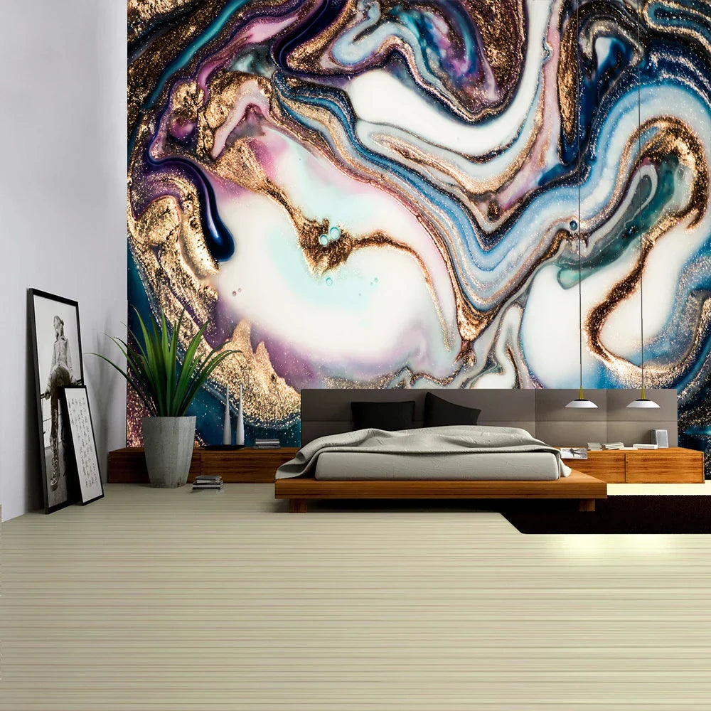 DecorBites™ Boho Marble Abstract Tapestry: Gold Foil Colorful Wall Hanging Art