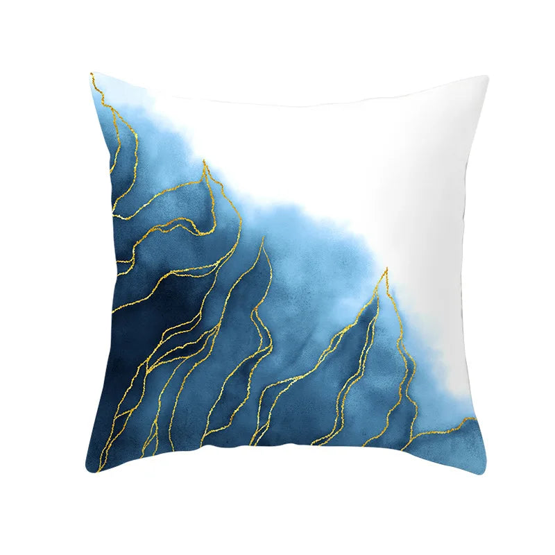 DecorBites™ Blue Ink Gold Edge Geometric Cushion Cover - Polyester Throw Pillow Case
