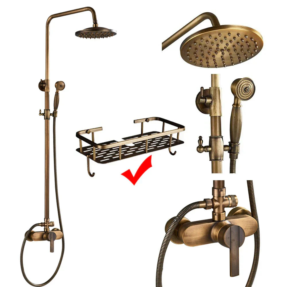 DecorBites™ Brass Shower Faucet Mixer Set with 8" Rainfall Head, Storage Shelf, and Hooks