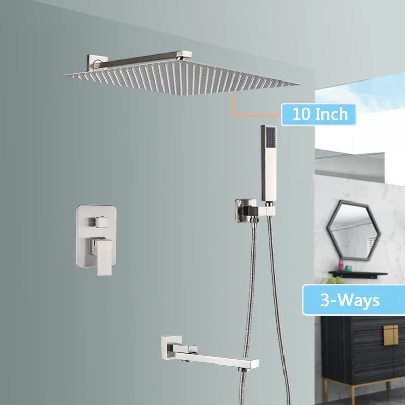 DecorBites™ Brushed Nickel Rainfall Shower Faucet Set with Tub Spout - 16" Head