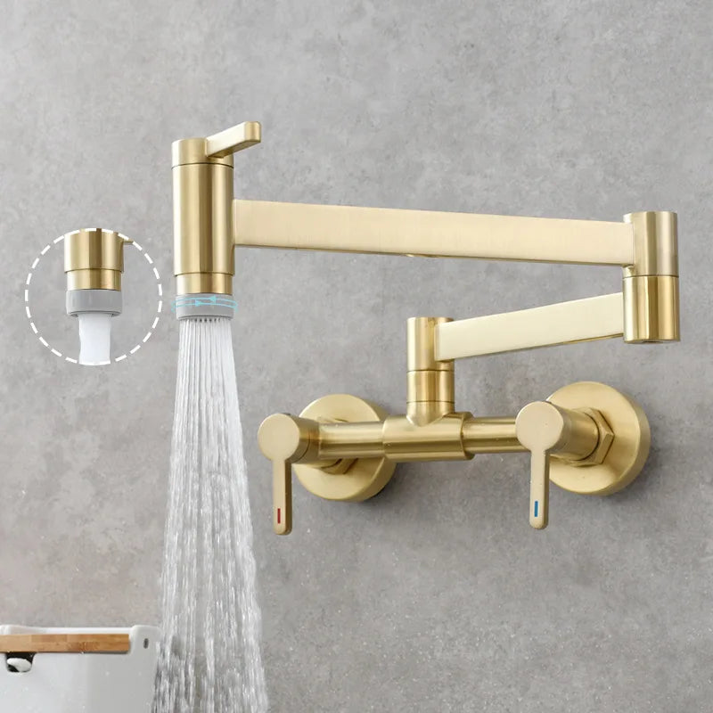 DecorBites™ Brushed Gold Brass Wall-Mounted Kitchen Faucet with Foldable Spout