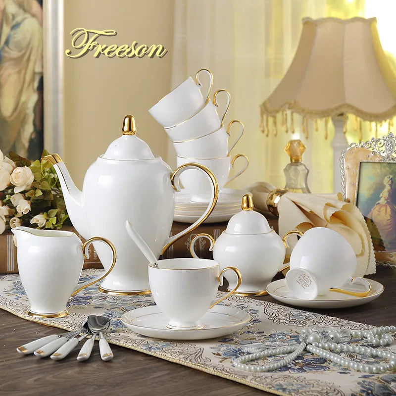 DecorBites™ Bone China Coffee Set White Gold Porcelain Tea Set Advanced Pot Cup