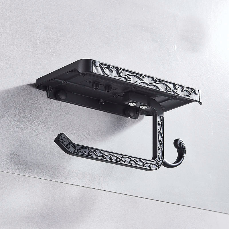 DecorBites™ Black Toilet Paper Holder with Phone Rack: Wall-Mounted Aluminum Bathroom Storage