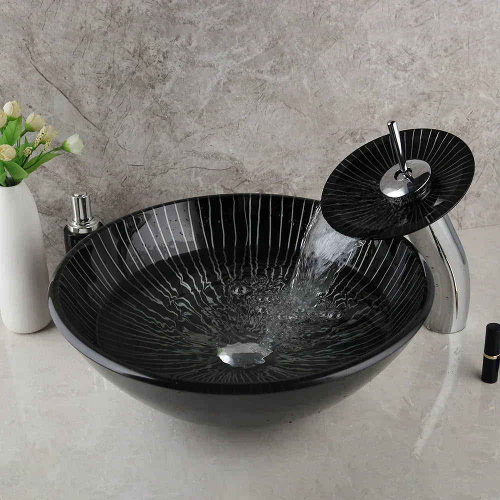 DecorBites™ Black Glass Bathroom Sink Set with Hand Painted Design & Waterfall Faucet