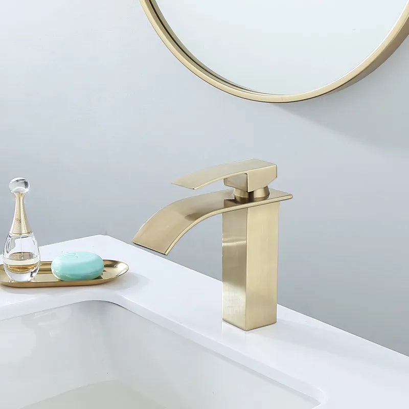 DecorBites™ Brushed Gold Basin Faucet: Solid Brass Single Handle Mixer Tap, Deck Mounted.
