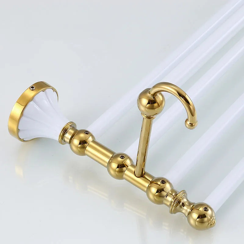 DecorBites™ Gold & White Bathroom Accessories Set: Corner Shelf, Paper Holder, Towel Holder, Toilet Brush Holder, Towel Rack