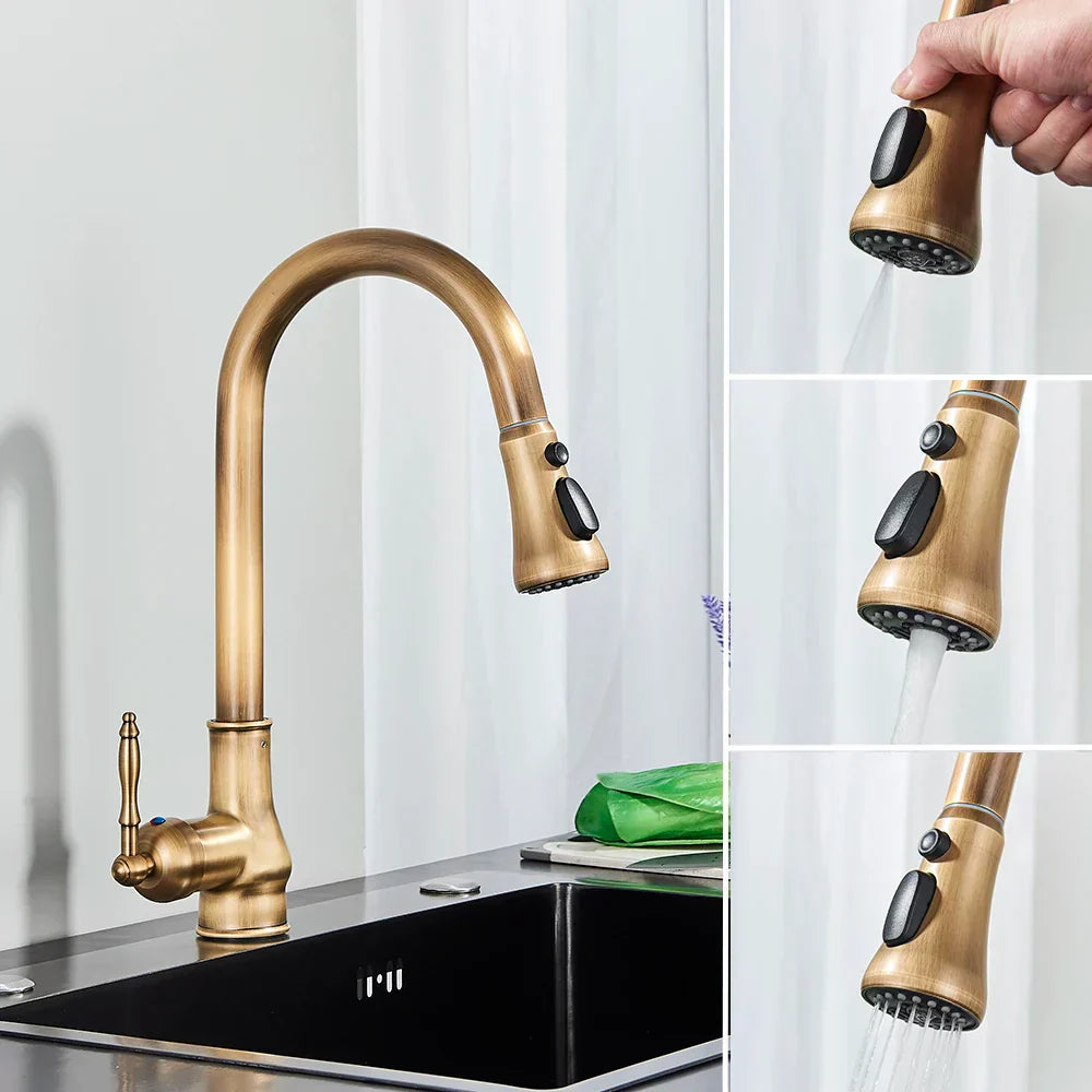 DecorBites™ Antique Brass Kitchen Faucet with Pull Down Spout and Single Handle