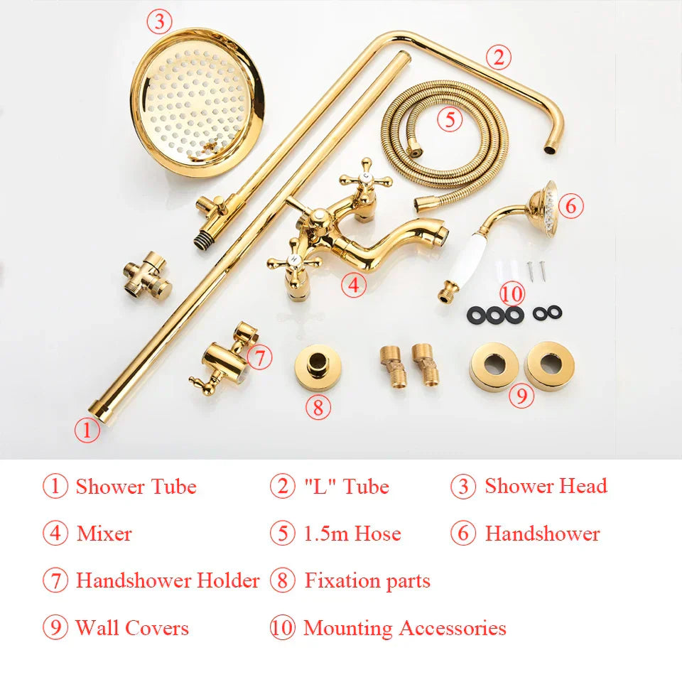 DecorBites™ Gold Shower Faucet Set with 8" Rainfall Shower Head and Hand Shower