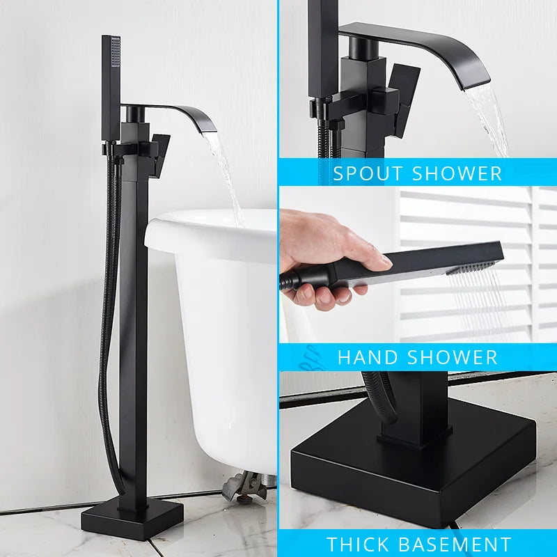 DecorBites™ Gold Bathtub Faucet Set Hot Cold Water Shower Mixer Tap Waterfall Floor Stand