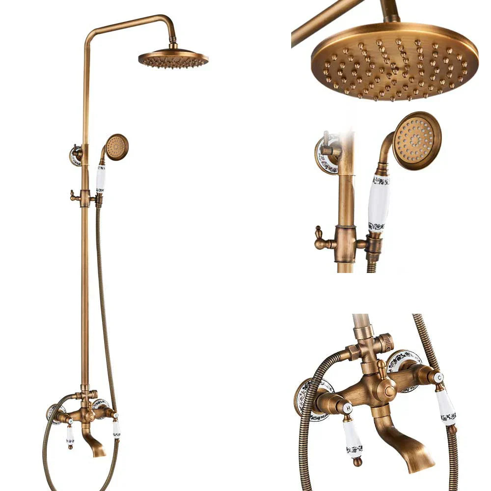 DecorBites™ Brass Shower Faucet Mixer Set with 8" Rainfall Head, Storage Shelf, and Hooks
