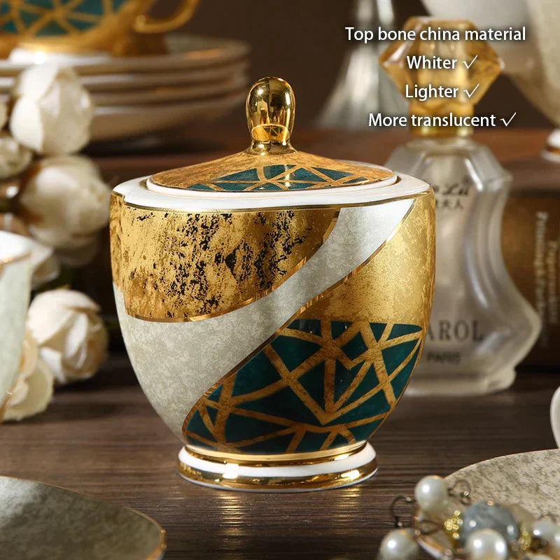 DecorBites™ Luxe Gold Inlay Bone China Coffee Set: Teapot, Cup, Sugar Bowl, Creamer, Mug