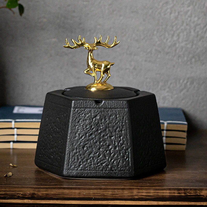 DecorBites™ Black Pottery Ashtray with Cover: Stylish, Large Capacity Ceramic Ashtray