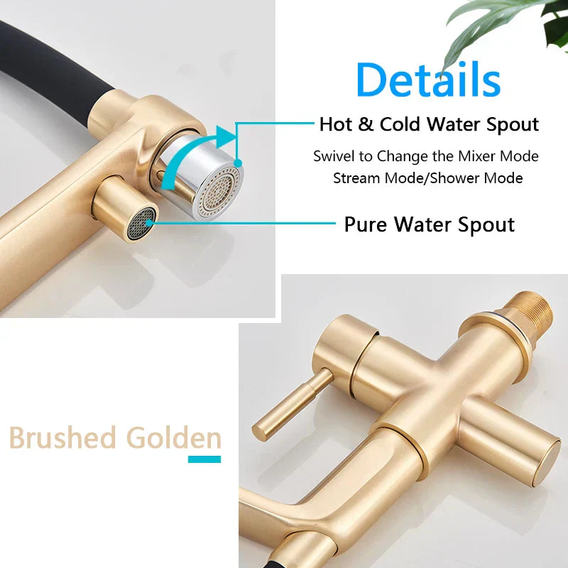 DecorBites™ Brushed Gold Swivel Kitchen Faucet with Purification Function