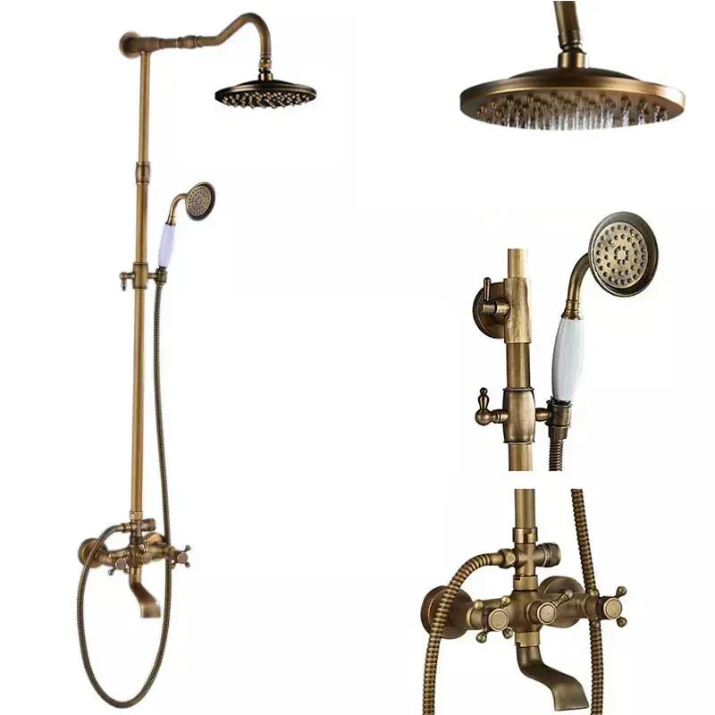 DecorBites™ Antique Brass Shower Faucet Set with Handheld Shower- 8" Rainfall Head