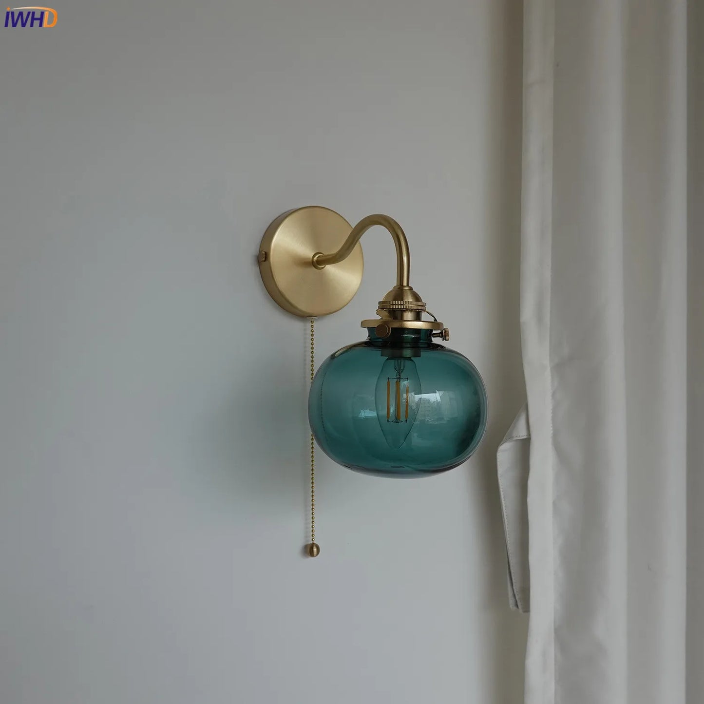 DecorBites™ Blue Glass Ball Wall Lights Pull Chain Switch LED Sconce for Home Bedroom
