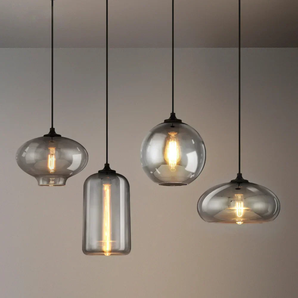 DecorBites™ Gray Glass Pendant Light for Bar Stair Dining Room E27 Edison Lamp Lighting