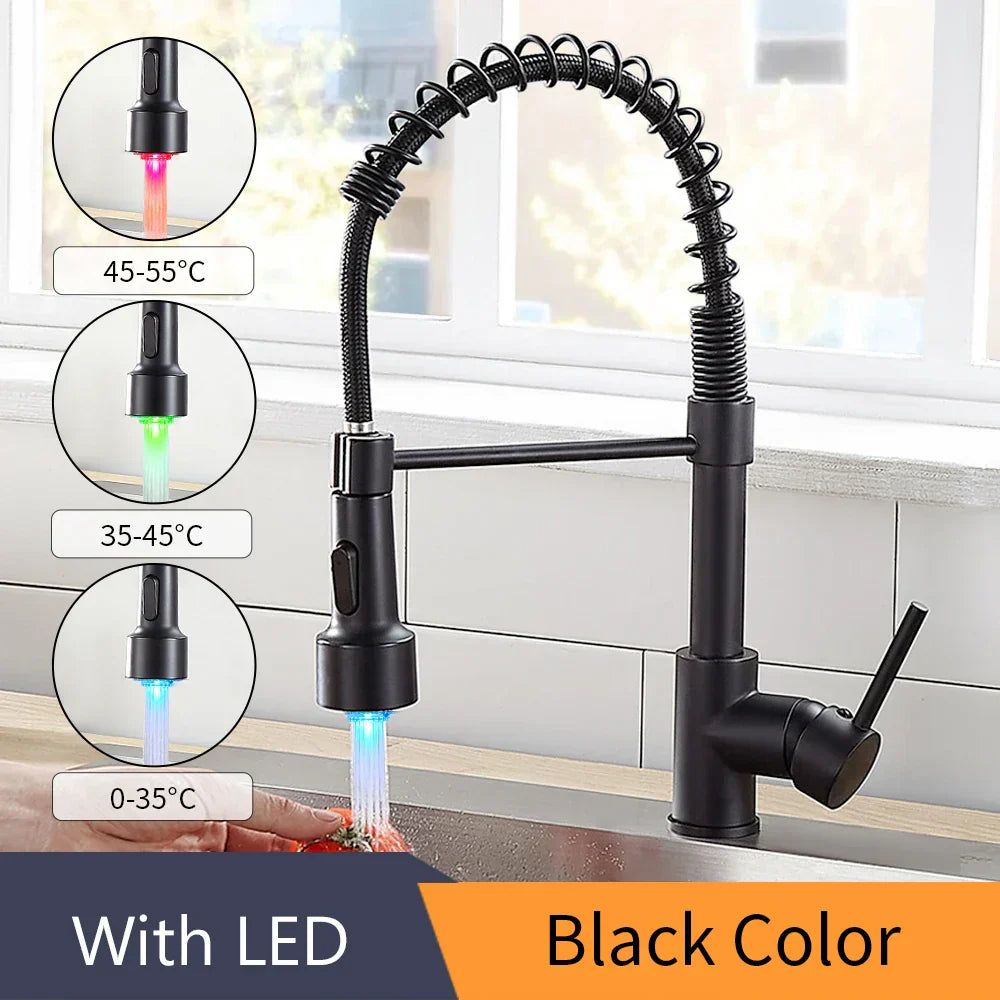 DecorBites™ Brass Spring Spout Kitchen Faucet with Single Lever Pull Down Mixer Tap