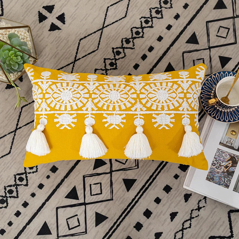 DecorBites™ Boho Gold Embroidered Cotton Pillow Cover, 45x45/30x50cm